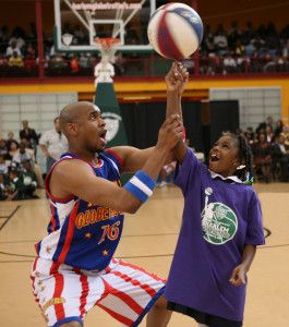 Harlem Globetrotters play at the Harlem Armory, Wed. Oct. 8, 2008, during a sneak preview game to kick-off their 2009 world tour.